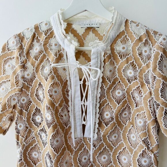 Sandro short broderie anglaise dress, Tan/ white, Size 36 - Picture 6 of 14